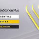 The PlayStation Plus logo is shown with the service's three tiers listed below it: essential, extra, and premium.